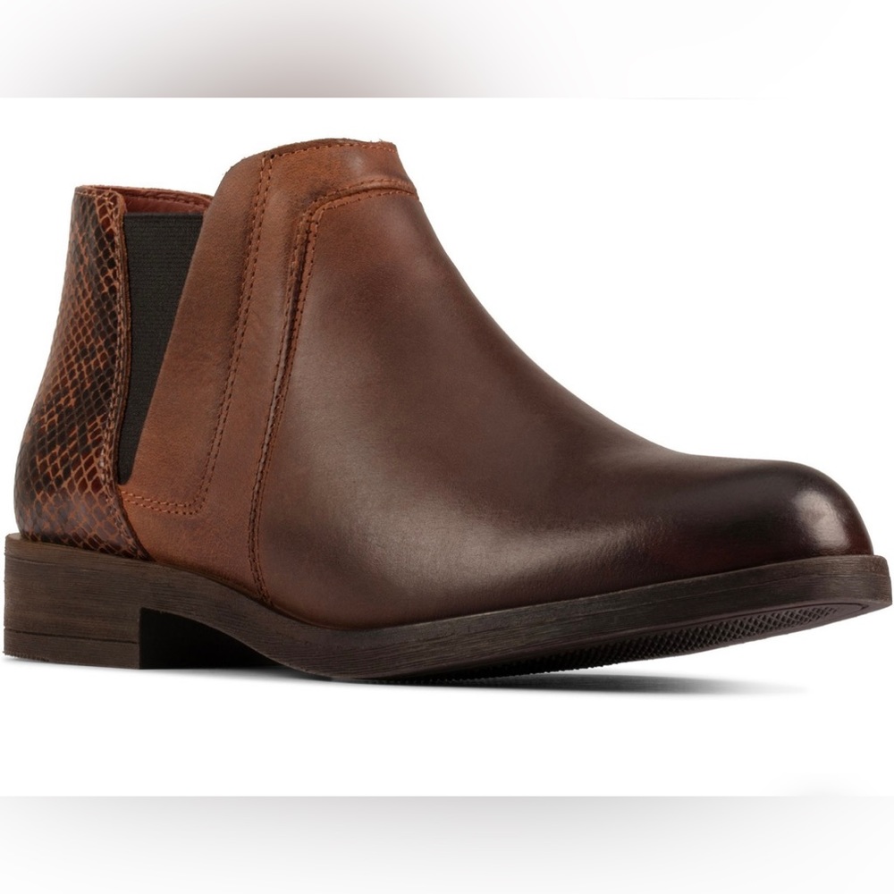 Clarks Demi 2 Beat combination snake print leather low heel round toe bootie